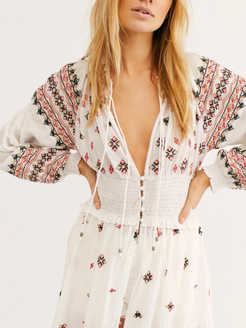 Free People White Boho Embroidered Maxi Dress with Pink and Black Accents - Picture 5 of 16